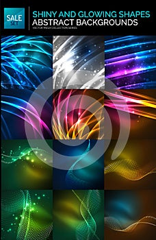 Abstract background set. Neon particles waves on dark, flowing curvy shapes