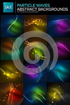 Abstract background set. Neon particles waves on dark, flowing curvy shapes