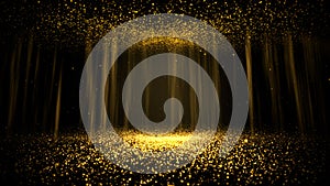 Abstract background shining golden floor ground particles stars dust. Futuristic glittering in space on black background.