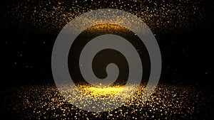 Abstract background shining golden floor ground particles stars dust. Futuristic glittering in space on black background.