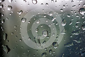 abstract background showing a window with raindrops rolling off blue toned