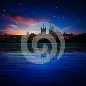 Abstract background with silhouette of Cologne and sunset