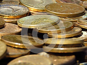Abstract background with silver and gold colors coins close up view.  Assorted Bulgarian coins.