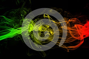 Abstract background smoke curves and wave reggae colors green, yellow, red colored in flag of reggae music