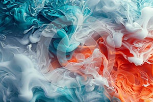Abstract background with smoke and liquid in red, white and turquoise colors photo