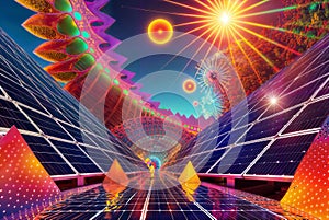 Abstract background with solar panels and rays of light. Vector illustration, generative ai