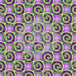 Abstract background with spiral and star elements in purple and green