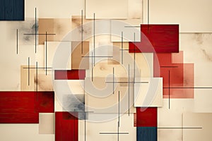 abstract background of squares of linen fabric in red, gray and cream shades.