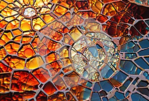 Abstract background of a stained glass window in orange and blue tones, generative ai