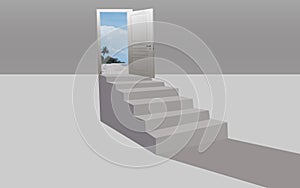 Abstract background stairs corridor door opening to the sky and the sea Illustrations for design and presentations