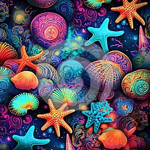 Abstract background with starfishes and seashells. Vector illustration