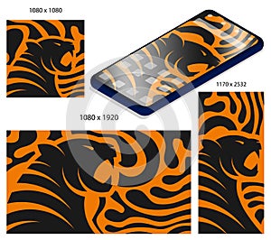 Abstract background with stripes of tiger skin and Silhouettes of head of roaring angry tiger with open mouth and sharp teeth.