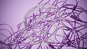 Abstract background with tangled audio cables with jacks. 3D illustration