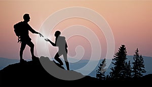 Abstract Background. Teamwork concept and together rise on mountain, Success, Target, Give help hand, Help and assistance concept