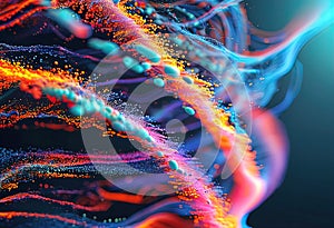 abstract background of technological particles in the form of an ordered flow, dark blue with backlight