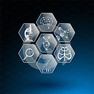 Abstract background technology concept and icon in blue light,brain and human body heal