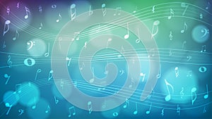 Vector Abstract Blurry Music Notes, Bokeh and Wavy Staves in Green and Blue Gradient Background