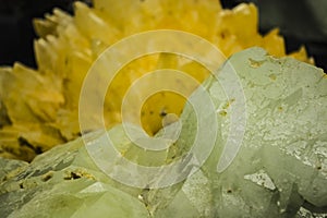 Abstract background or texture from a stone in a section of a green and yellow shade. Transparent monophonic crystals.