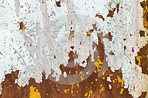 Abstract background texture of vertical grungy rusting metal plate with peeling paint and extensive corrosion with rust streaks.