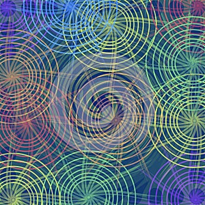 Abstract background tile with concentric cobwebby elements in soft rainbow colors