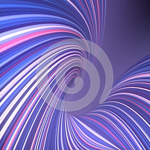 Abstract background of twisted blue and violet colored lines with glowing pink elements. 3d render digital illustration