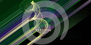 Abstract background twisting radial wireframe grid withglow dots and blurred lines on black. Big Data. Technology concept data