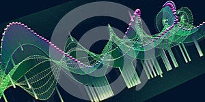 Abstract background twisting wireframe grid with data blurred lines. Technology concept data grid. Big Data. Banner for business