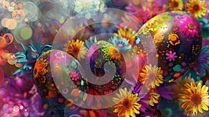 An abstract background of vibrant blooms and intricate Easter eggs suggests a bountiful and joyous celebration of the