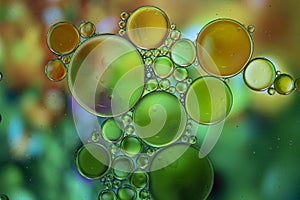 Abstract background with vibrant colours. Oil drops in water. Close colorful and artistic bubbles. Space pattern