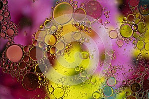 Abstract background with vibrant colours. Oil drops in water. Close colorful and artistic bubbles. Space pattern