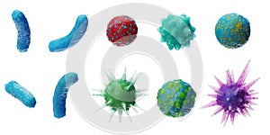 Abstract background virus. Set of virus. Virus icon set. Virus isolated on white background. Colorful bacteria, microbes