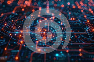 Abstract background visualizing AI algorithms, neural networks, and digital data.