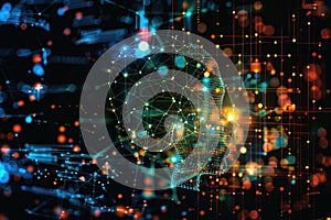 Abstract background visualizing AI algorithms, neural networks, and digital data.