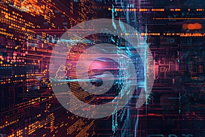Abstract background visualizing AI algorithms, neural networks, and digital data.