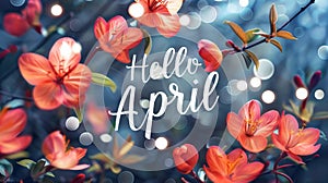 Abstract background with watercolor colorful splashes and flowers. Hello April modern calligraphy lettering. Spring concept