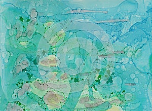 Abstract background of watercolor painting in turquoise-bright, green,blue are bright color tones.