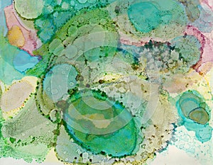 Abstract background of watercolor painting in turquoise-bright, green,yellow, pink are bright color tones.
