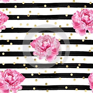 Abstract background - watercolor stripes - gold confetti and pink roses - seamless pattern wallpaper