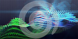 Abstract background  wave algorithm analyze data with glitch effect. Quantum cryptography concept. Analytics algorithms data.