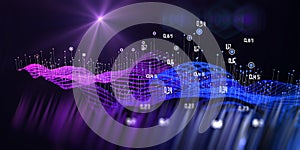 Abstract background with wavy algorithm analyze data and  blurred lines.  Quantum cryptography. Analytics algorithms data. Big
