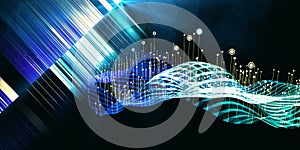 Abstract background with wavy algorithm analyze data and  blurred lines.  Quantum cryptography. Analytics algorithms data. Design