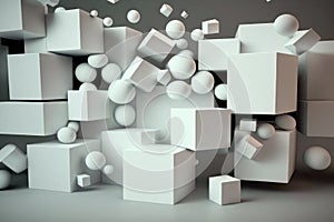 Abstract background, white cubes and balls on a gray background. AI generative