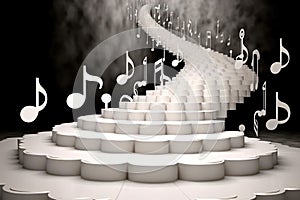 abstract background white steps staircase going up with musical signs hovering in the air.