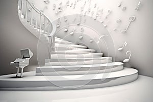abstract background white steps staircase going up with musical signs hovering in the air.