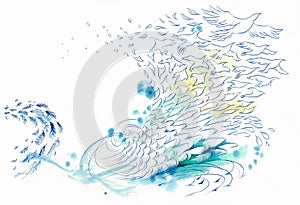 Abstract background wind and water fish and bird