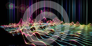 Abstract  background with wireframe graph from grid on black. Visual technology presentation of analytics color lines algorithms.