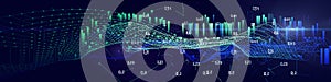 Abstract background with wireframe grid connecting dots and data on dark. Analytics data algorithms. Computing concept. Big Data.