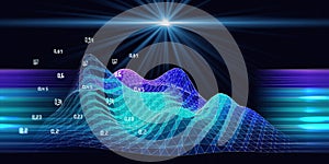 Abstract background with wireframe wavy algorithm analyze data with blurred lines. Quantum cryptography concept. Analytics