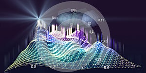 Abstract background with wireframe  wavy grid algorithm analyze data with blurred lines. Big data. Quantum cryptography concept.