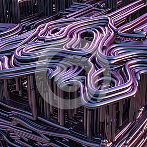 Abstract background of writhing black and purple metallic pipes
